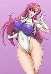  1girl breasts covered_navel covered_nipples cowboy_shot gloves gradient gradient_background gundam gundam_seed gundam_seed_destiny hair_ornament large_breasts long_hair looking_at_viewer meer_campbell multicolored_leotard nado.e pink_hair purple_background purple_eyes solo standing star_(symbol) star_hair_ornament white_gloves 