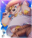  animal_ears animal_nose babe_bunyan_(housamo) belly blonde_hair blue_eyes body_fur brown_shorts candy chromatic_aberration commentary_request cow_ears food framed hat highres hinami_(ryuusei_potechi) lens_flare light_rays lollipop male_child minotaur mouth_hold plump pointing pointing_up shorts signature snout straw_hat sunlight tank_top thick_eyebrows tokyo_afterschool_summoners translation_request upper_body v-shaped_eyebrows white_tank_top yellow_fur 