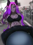  absurd_res anthro astradoll big_breasts breasts clothed clothing digital_media_(artwork) female fitness fur hair hi_res horn legwear looking_at_viewer simple_background smile solo 