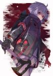  1girl ahoge alternate_costume arm_strap armband axe backpack bag bangs black_gloves blood blood_on_clothes blood_on_face blood_stain coat commentary detached_arm dress gloves hair_ornament hairpin holding holding_axe holding_hands holding_limb holding_weapon jacket long_sleeves purple_dress purple_eyes purple_hair purple_thighhighs rabbit red_pupils severed_arm severed_head severed_limb shaded_face short_hair sidelocks solo thighhighs vocaloid voiceroid weapon yuzuki_yukari zoruboi 
