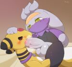  ampharos balls big_balls big_penis blush blush_lines bodily_fluids clothed clothing duo fan_character fellatio fisuku generation_2_pokemon generation_8_pokemon genital_fluids genitals hi_res male male/male nintendo oral partially_clothed penile penis pokemon pokemon_(species) precum raboot recolor sex sweat video_games 