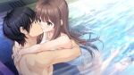  1boy 1girl arms_around_neck arms_around_waist bare_arms barefoot black_eyes black_hair blush brown_hair casual_one-piece_swimsuit closed_mouth collarbone couple eye_contact fuyu_kiss game_cg hetero hug imminent_kiss indoors long_hair looking_at_another non-web_source one-piece_swimsuit pool shinomiya_touka shiny shiny_hair short_hair soles sparkle straight_hair swimsuit takigawa_issei unasaka_ryou very_long_hair white_one-piece_swimsuit 