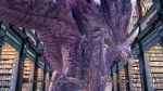  3d_(artwork) book capcom detailed_background digital_media_(artwork) dragon duo elder_dragon eyewear female feral glasses hi_res horn library library_velk_anon looking_at_viewer looking_back monster_hunter offscreen_character scales size_difference subtitled talking_feral velkhana video_games white_body wings yellow_eyes 