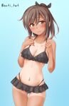  1girl anti_(untea9) bare_arms bare_legs bare_shoulders bikini black_bikini blush breasts brown_eyes brown_hair cleavage closed_mouth collarbone cowboy_shot highres i-401_(kancolle) kantai_collection ponytail short_hair small_breasts solo swimsuit tan tanlines twitter_username 