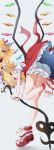  1girl :q alternate_footwear ascot ass bent_over blonde_hair bloomers commentary_request crystal flandre_scarlet floating_hair full_body grey_background hat highres holding holding_weapon laevatein_(touhou) leg_up looking_at_viewer looking_back mob_cap one_side_up perspective petticoat puffy_short_sleeves puffy_sleeves red_eyes red_skirt red_vest shoes short_hair short_sleeves simple_background skirt skirt_set sneakers solo standing standing_on_one_leg tongue tongue_out touhou tsune_(tune) underwear upskirt vest weapon white_bloomers white_headwear wings yellow_ascot 