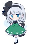  1girl black_bow black_bowtie black_footwear black_hairband black_ribbon blue_eyes bob_cut bow bow_hairband bowtie collared_shirt frilled_skirt frills full_body green_skirt green_vest hair_ribbon hairband highres hitodama_print konpaku_youmu op_na_yarou puffy_short_sleeves puffy_sleeves ribbon shirt short_hair short_sleeves simple_background skirt skirt_set socks solo touhou vest white_background white_hair white_shirt 