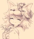  1girl animal_hands bangs blush closed_eyes closed_mouth commentary_request criss-cross_halter feral_lemma flat_chest flower fox_hat hair_between_eyes halterneck head_wreath holding holding_flower medium_hair moonlight_flower ragnarok_online sepia simple_background smile solo upper_body 