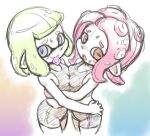  2girls ass_grab bike_shorts blue_eyes blue_pupils breast_press breasts closed_mouth condom condom_in_mouth furrowed_brow grabbing_another&#039;s_ass groping hand_on_another&#039;s_back highres horizontal_pupils inkling inkling_girl light_green_hair long_hair mouth_hold multicolored_background multiple_girls octarian octoling octoling_girl open_mouth orange_eyes orange_pupils pink_hair pointy_ears short_hair single_vertical_stripe small_breasts smile splatoon_(series) suction_cups symmetrical_docking tentacle_hair yugmlecpdduukox yuri 