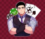  1boy ace_of_spades bandage_on_face bandages black_eyes black_gloves black_hair facial_hair gloves highres king_of_spades looking_at_viewer muscular necktie panqlao poker poker_chip scar senpai_ga_uzai_kouhai_no_hanashi shiromanta_(character) short_hair solo spade_(shape) stubble takeda_harumi_(shiromanta) thick_eyebrows waistcoat 