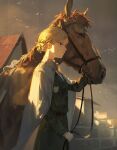  1girl blonde_hair blue_eyes blurry blurry_background christa_renz closed_mouth cloud cloudy_sky collared_cape day dino_(dinoartforame) english_commentary gate grey_sky hair_bun highres holding horse house light_rays looking_to_the_side military military_uniform serious shingeki_no_kyojin short_hair single_hair_bun sky standing sunlight uniform 