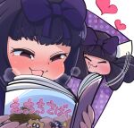  2girls :3 bangs black_hair blush bob-omb book bow commentary_request cookie_(touhou) dual_persona gram_9 hair_bow heart holding holding_book long_hair manga_(object) mario_(series) multiple_girls nose_blush open_mouth purple_bow purple_eyes reading shunga_youkyu smile star_sapphire super_mario_64 touhou translation_request upper_body yukkuri_shiteitte_ne 