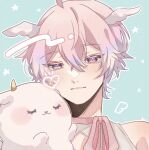  1boy aiueonigiri blue_background blush character_request closed_mouth commission copyright_request head_wings male_focus mini_wings purple_eyes purple_hair second-party_source short_hair skeb_commission solo stuffed_animal stuffed_goat stuffed_toy wings 