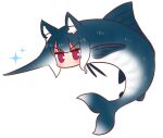  1girl animal animal_ear_fluff animal_ears animalization bangs blue_hair fish fox_ears fox_tail full_body kemomimi-chan_(naga_u) looking_at_viewer naga_u original purple_eyes simple_background solo sparkle swordfish tail v-shaped_eyebrows white_background 