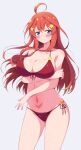  1girl absurdres ahoge arm_under_breasts bikini blue_eyes blush breasts cleavage closed_mouth commentary_request eggman_(pixiv28975023) go-toubun_no_hanayome hair_ornament highres large_breasts long_hair looking_at_viewer nakano_itsuki navel red_bikini red_hair side-tie_bikini_bottom simple_background solo standing star_(symbol) star_hair_ornament swimsuit v-shaped_eyebrows white_background 