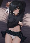  1girl absurdres arm_over_head bed black_hair black_sweater blush breasts green_eyes hair_over_one_eye highres large_breasts long_sleeves looking_to_the_side lying midriff navel nazo_no_kanojo_x on_back panties pleated_skirt scissors shengtian short_hair skirt solo sweater underwear urabe_mikoto white_panties 