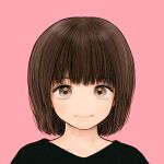  1girl bangs black_shirt bob_cut brown_eyes brown_hair closed_mouth commentary_request english_commentary looking_at_viewer mixed-language_commentary original pink_background portrait rustle shirt short_hair simple_background solo straight-on 