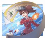  1girl aircraft airplane black_skirt brown_eyes brown_hair japanese_clothes kantai_collection kariginu long_sleeves magatama miniskirt onmyouji pleated_skirt ryuujou_(kancolle) scroll shikigami skirt solo takamune_mm twintails visor_cap 