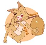  1girl :d animal_ear_fluff animal_ears animal_feet animal_hands bangs bell blonde_hair blush breasts fang fox_hat full_body halterneck holding holding_staff looking_at_viewer moonlight_flower navel notora open_mouth orange_background panties ragnarok_online red_eyes short_hair small_breasts smile solo staff tail two-tone_background underboob underwear white_background yellow_panties 