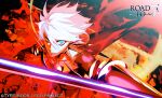  1boy blue_eyes choker fate/grand_order fate_(series) fire karna_(fate) lance looking_at_viewer official_art pako_(pakosun) polearm red_background weapon white_hair 