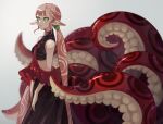  1girl black_skirt closed_mouth crop_top from_side green_eyes highres long_hair looking_at_viewer looking_to_the_side low_twintails monster_girl original pink_hair pointy_ears ruteko_(ruko220) scylla simple_background skirt solo suction_cups tentacles twintails very_long_hair white_background 