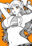  1girl :o absurdres arm_tattoo armpits arms_up bikini bikini_top_only blush bracelet breasts cleavage commentary ear_piercing eyelashes hand_in_own_hair highres jewelry large_breasts log_pose long_hair looking_at_viewer monochrome nami_(one_piece) navel one_piece open_mouth orange_background orange_eyes piercing solo spot_color standing stomach string_bikini swimsuit tattoo upper_body yotsumi_shiro 