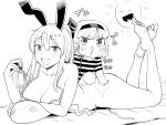  2girls :d animal_ears applying_sunscreen bangs barefoot beach_mat bikini blush bob_cut breasts cleavage commentary_request eyelashes fang hand_on_another&#039;s_ass highres holding konpaku_youmu konpaku_youmu_(ghost) koyama_shigeru large_breasts long_hair looking_at_viewer lying monochrome multiple_girls no_panties on_stomach open_mouth ponytail rabbit_ears rabbit_tail reisen_udongein_inaba short_hair sidelocks smile swimsuit tail touhou triangle_mouth 