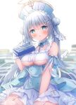  1girl bangs bare_shoulders blue_dress blue_eyes blue_headwear blurry blurry_background blush book book_stack braid breasts cleavage commentary_request crown_braid depth_of_field detached_wings double_bun dress grey_hair hair_bun highres holding holding_book looking_at_viewer medium_breasts mini_wings omochi_monaka original parted_lips solo twintails underboob white_wings wings 
