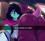  anthro armor big_butt black_hair butt car clothing deltarune dinosaur drive-thru duo female hair he_wants_to_order hi_res human humanoid humor kris_(deltarune) male male/female mammal meme purple_body purple_hair red_eyes reptile scalie susie_(deltarune) teal_skin thedarkzircon undertale_(series) vehicle video_games 