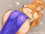  1girl ass ass_focus backless_dress backless_outfit blue_dress cowboy_shot curvy dress english_commentary english_text from_behind gofa highres long_hair looking_at_viewer looking_back nami_(one_piece) one_piece orange_hair pelvic_curtain shoulder_tattoo signature simple_background skindentation smile solo sparkle tattoo 