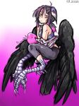  1girl animal_hands artist_name ava_(orc_massage) bags_under_eyes bare_shoulders bird_legs black_feathers black_hair black_wings blush breasts claws dated feathered_wings feathers gradient gradient_background hair_between_eyes hair_ornament harpy highres jacket lazyartz11037 looking_at_viewer mask mask_on_head monster_girl multicolored_hair orc_massage pink_background pink_eyes pink_hair ponytail small_breasts solo tail talons white_background white_jacket wings 