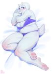  anthro aruurara bed bed_sheet bedding blush bovid bra breasts caprine clothed clothing covering covering_mouth cute_eyes embarrassed eyelashes feet female fur furniture goat hi_res horn mammal mature_female navel overweight overweight_female pawpads paws pink_eyes purple_clothing purple_underwear skimpy slightly_chubby solo toriel undertale_(series) underwear white_body white_fur 