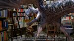  3d_(artwork) book capcom detailed_background digital_media_(artwork) dragon duo elder_dragon eyewear female feral glasses hi_res horn library library_velk_anon looking_at_viewer looking_back monster_hunter offscreen_character scales size_difference subtitled talking_feral velkhana video_games white_body wings yellow_eyes 