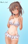  1girl anti_(untea9) bare_arms bare_legs bare_shoulders bikini blush breasts brown_eyes brown_hair cleavage closed_mouth collarbone cowboy_shot highres i-401_(kancolle) kantai_collection ponytail short_hair small_breasts solo swimsuit tan tanlines twitter_username white_bikini 