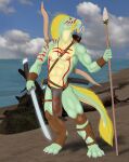  anthro armor bottomwear clothing hi_res kaa_bakensobek loincloth male markings melee_weapon outside polearm scalie sek-raktaa solo spear sword tagme tribal tribal_markings weapon 