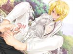  1girl barefoot blonde_hair breast_slip breasts censored classy_cranberry's cum cum_on_body cum_on_clothes cum_on_lower_body day feet footjob game_cg gloves happoubi_jin hetero honda_rei kujou_tsubasa lube mosaic_censoring naughty_face nipples one_breast_out outdoors pants penis pinky_out red_eyes short_hair sitting small_breasts toes 
