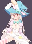  albino animal_ears bad_id bad_pixiv_id breasts breasts_outside bunny_ears hat irisu_kyouko irisu_shoukougun! large_breasts nipples no_panties open_mouth pussy red_eyes ribbon shirt_pull simple_background sitting solo striped striped_legwear thighhighs uncensored white_hair witch_hat yako 