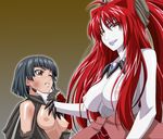  asphyxiation blue_hair blush breasts copyright_request demon_girl domination headband horns isse jewelry large_breasts long_hair multiple_girls necklace nipples pale_skin red_eyes red_hair strangling sweat topless yuri 