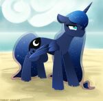  2022 andaluce beach blue_body blue_eyes blue_hair blue_tail cutie_mark digital_media_(artwork) equid equine eyelashes feathered_wings feathers female feral friendship_is_magic grumpy hair half-closed_eyes hasbro hi_res horn mammal my_little_pony narrowed_eyes pabbley princess_luna_(mlp) sand seaside signature solo standing water wet winged_unicorn wings 