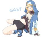  1boy :3 absurdres acronym androgyne_symbol aqua_eyes arikui_(ooooalikui) bangs belt belt_buckle black_shorts blonde_hair blue_footwear blue_theme breasts bridget_(guilty_gear) brown_gloves brown_skirt buckle chain closed_mouth clothes_lift commentary_request copyright_name cuffs fingerless_gloves gloves grey_shorts guilty_gear guilty_gear_strive habit hair_between_eyes handcuffs hands_on_ground highres initial leaning_back lifted_by_self light_blush long_hair long_sleeves looking_at_viewer midriff multiple_belts navel nun otoko_no_ko oversized_belt pleated_skirt shiny shiny_hair shiny_skin shorts simple_background sketch skirt skirt_lift small_breasts smug socks solo unconventional_belt white_background white_socks 