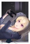  1girl areola_slip artist_name bangs bed blonde_hair blue_hoodie blush breasts gamryous girls&#039;_frontline handheld_game_console highres hood hoodie jewelry long_hair lying messy_hair on_back on_bed open_clothes open_hoodie playstation_portable red_eyes ring russian_flag sv-98_(girls&#039;_frontline) 