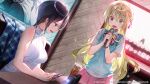  2girls black_hair blonde_hair blue_cardigan blue_eyes blue_scarf breasts brown_eyes cardigan collared_shirt crown_hair_ornament cup drinking_glass dsmile furutachi_ren hair_between_eyes hair_ornament hairclip hayahoshi_akuru holding holding_microphone indoors karaoke long_hair medium_breasts microphone multiple_girls music official_art open_mouth oshi_no_love_yori_koi_no_love pink_skirt plaid plaid_scarf pleated_skirt scarf scarf_removed shirt short_hair short_sleeves singing sitting skirt sleeveless sleeveless_turtleneck soda standing teeth television turtleneck upper_body upper_teeth v-shaped_eyebrows white_shirt 