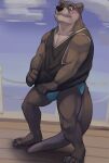  2022 anthro big_bulge black_clothing black_nose black_shirt black_tank_top black_topwear blue_clothing blue_underwear blush brown_body brown_eyes brown_fur bulge clothed clothing colored countershade_face countershade_torso countershading echo_(series) echo_project erection erection_under_clothing fur hi_res hiding_erection horrorbuns lutrine male mammal muscular muscular_male mustelid shirt solo tan_body tan_countershading tan_fur tank_top the_smoke_room todd_bronson topwear underwear video_games visual_novel 