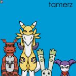  absurd_res anthro bandai_namco digimon digimon_(species) group guilmon hands_behind_back hi_res impmon lunascribbles meme renamon scalie terriermon weezer_(blue_album) 