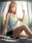  1girl ao_desu2222 bare_arms bare_shoulders black_shorts casual chainsaw_man curtains hair_over_one_eye highres horns long_hair looking_at_viewer on_bed oni_horns open_mouth orange_eyes orange_hair power_(chainsaw_man) shorts sitting smile solo tank_top white_tank_top 