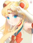  1girl bangs bishoujo_senshi_sailor_moon blonde_hair blue_eyes blue_sailor_collar bow choker double_bun earrings elbow_gloves gloves hair_bun hair_ornament highres jewelry kamui_(kamuikaoru) long_hair looking_at_viewer parted_bangs parted_lips red_bow red_choker sailor_collar sailor_moon sailor_senshi_uniform short_sleeves solo tiara tsukino_usagi twintails upper_body v white_background white_gloves 