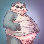  1:1 2022 anthro belly big_belly clothing genitals giant_panda hi_res humanoid_hands korndoggychub male mammal mature_male overweight overweight_male penis shirt simple_background solo topwear ursid 