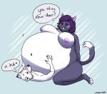  anthro arctic_fox belly belly_inflation big_belly canid canine domestic_cat duo english_text felid feline felis female fox hyper hyper_belly inflation inverted_belly_button jdawggie365 mammal navel nude russell_(xaus32) soft_dom swollen_breasts text tiffany_(xausr32) tuxedo_cat 