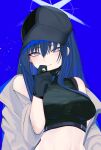  1girl absurdres bangs black_gloves black_headwear black_mask blue_archive blue_background blue_eyes blue_hair breasts coat crop_top gloves hair_between_eyes halo hat highres long_hair looking_at_viewer mask mask_pull medium_breasts midriff mouth_mask off_shoulder open_clothes open_coat ran_(bearsoymilk) saori_(blue_archive) simple_background solo upper_body 