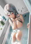 1girl arms_under_breasts bathing bathroom bathtub black_collar blush breasts closed_mouth collar completely_nude condom condom_wrapper covering covering_breasts grey_hair hair_ornament hairclip heart heart_hair_ornament highres holding_own_arm hololive knees_up large_breasts long_hair looking_at_viewer multicolored_hair nude orca raised_eyebrows red_eyes ri_qing sakamata_chloe shampoo_bottle sitting soap_bottle solo streaked_hair sweatdrop tile_wall tiles toy virtual_youtuber water wet x_hair_ornament 
