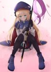  1girl absurdres artoria_caster_(fate) artoria_caster_(second_ascension)_(fate) artoria_pendragon_(fate) belt beret black_bow black_gloves black_pantyhose blonde_hair blue_belt blue_cloak blue_headwear blush boots bow buttons cloak collared_shirt fate/grand_order fate_(series) flower full_body gem gloves gold_trim green_eyes green_gemstone hair_bow hat highres holding long_hair macototo multicolored_cloak pantyhose petals pink_flower pink_ribbon purple_bow purple_footwear ribbon shirt sitting skirt solo twintails white_background white_shirt white_skirt 